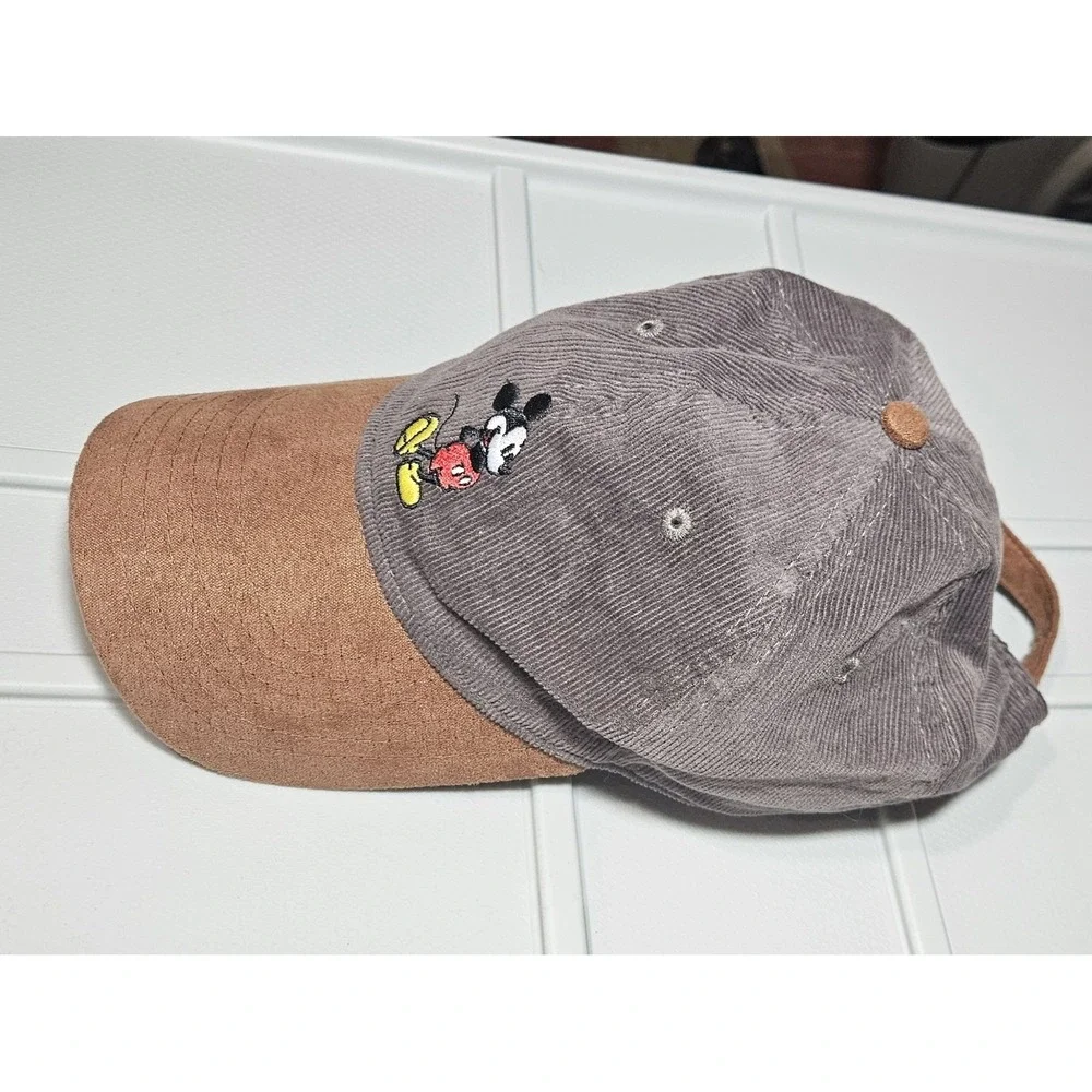 Disney Mickey Mouse Hat OSFA Gray Corduroy Brown Faux Suede Adjustable Dad Cap